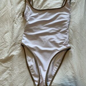 Lainsnow White One-Piece Swimsuit with Brown Trim